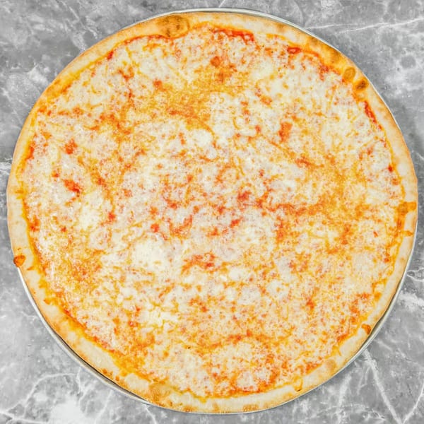 A large, round cheese pizza from Pino's La Forchetta, with a golden crust and melted mozzarella.
