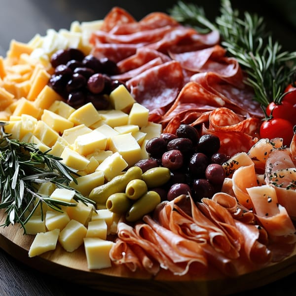 A large charcuterie board with various cheeses, meats, olives, and cherry tomatoes.